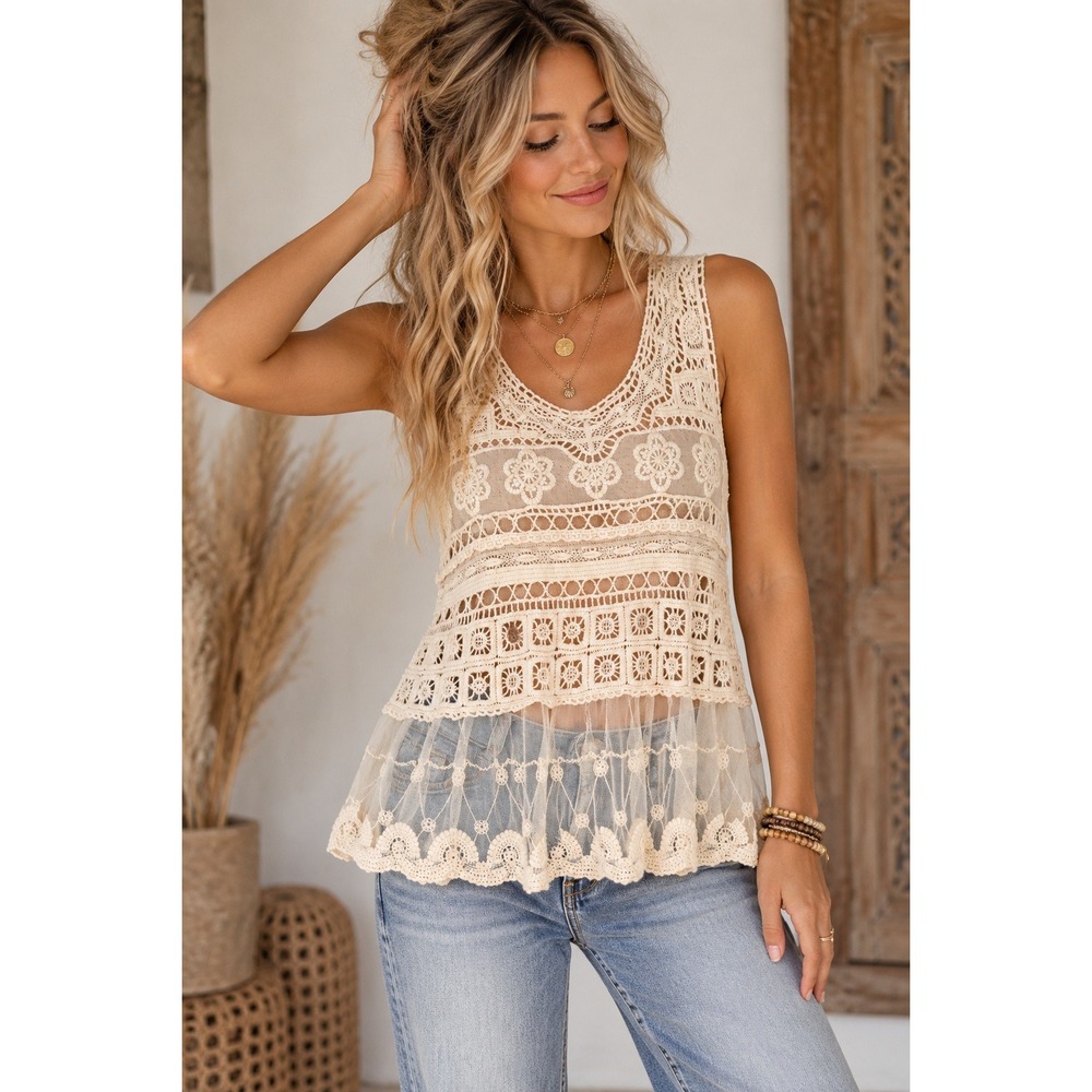 Ivory Crochet Lace Tank Top Womens Boho Sheer Mesh Fairycore Festival Medium